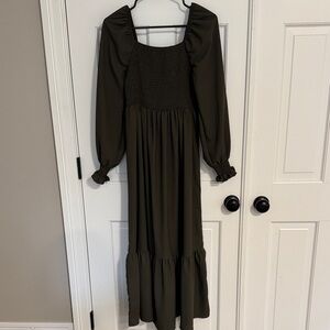 Smocked Square-Neck Maxi Dress in Olive